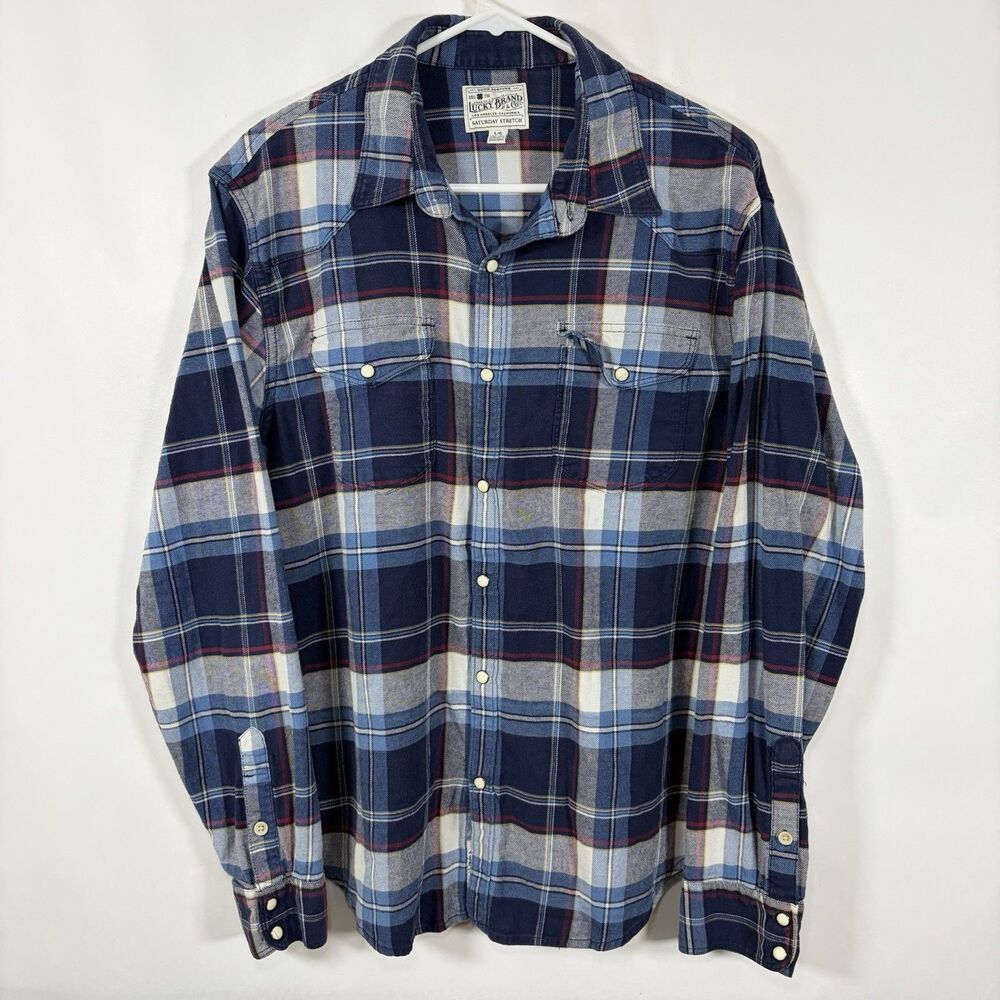 Lucky Brand Saturday Stretch Pearl Snap Flannel Shirt Mens Large Blue Red Plaid